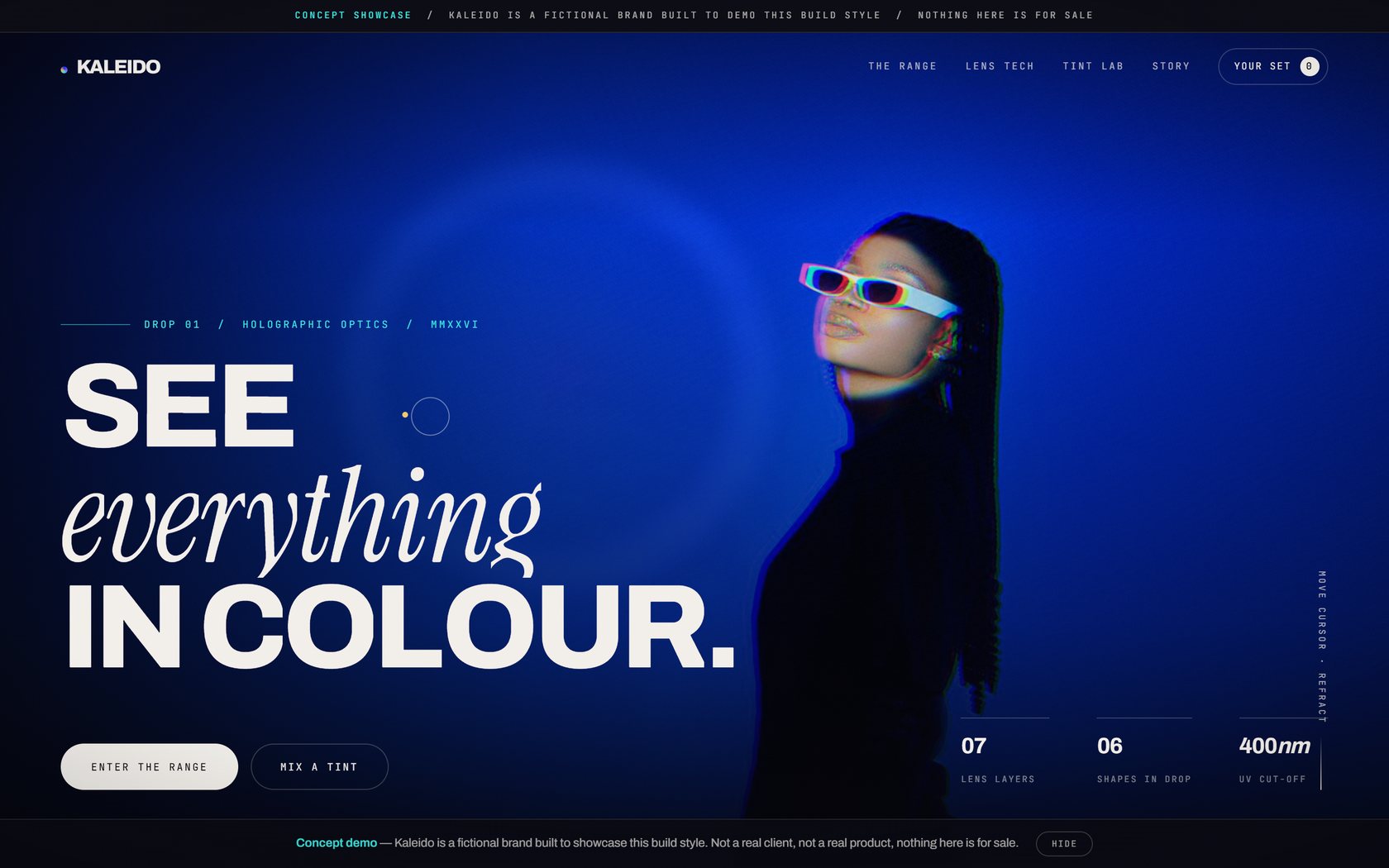 The hero screen of KALEIDO, a Shopify storefront build with a hand-written WebGL refraction effect.